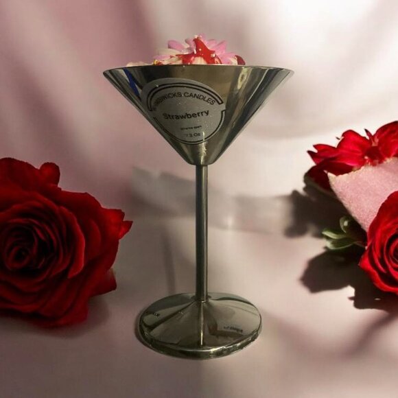 Handmade - Strawberry Martini Candle crafted in a Stainless Steel Martini Glass - Picture 2 of 5
